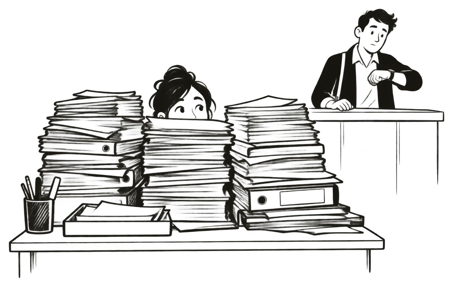 A staff member buried behind stacks of paperwork while a customer waits at the counter, checking their watch.