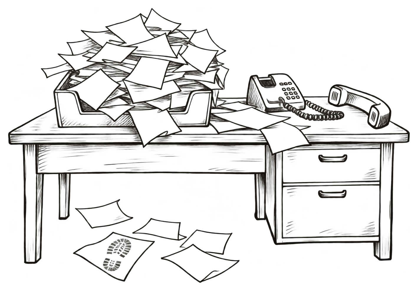 A desk with an overflowing in-tray of enquiry slips, more slips on the floor, one with a shoe print, and a phone left off the hook.