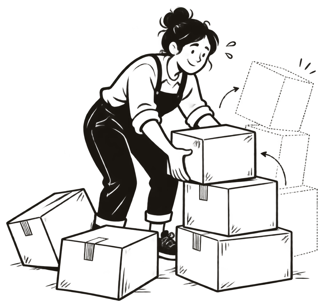 A staff member re-stacking the same pile of boxes, with dotted outlines of the earlier attempts.