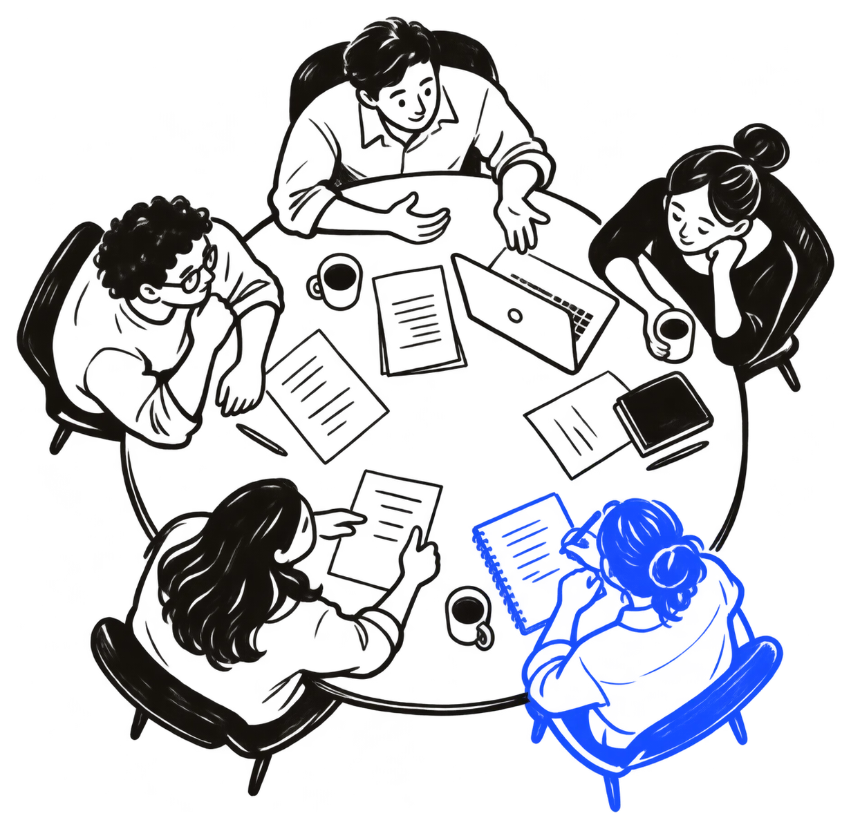A team meeting around a table, seen from above, with one extra person from Upsaider, drawn in blue, taking notes.